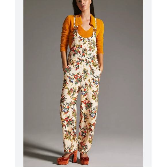 Anthropologie LF Markey Bryson Dungarees Womens Overalls Size 10 Harvest Print - Picture 1 of 16